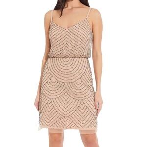 Adrianna Papell Blouson Beaded Cocktail Dress Champagne Nude Blush